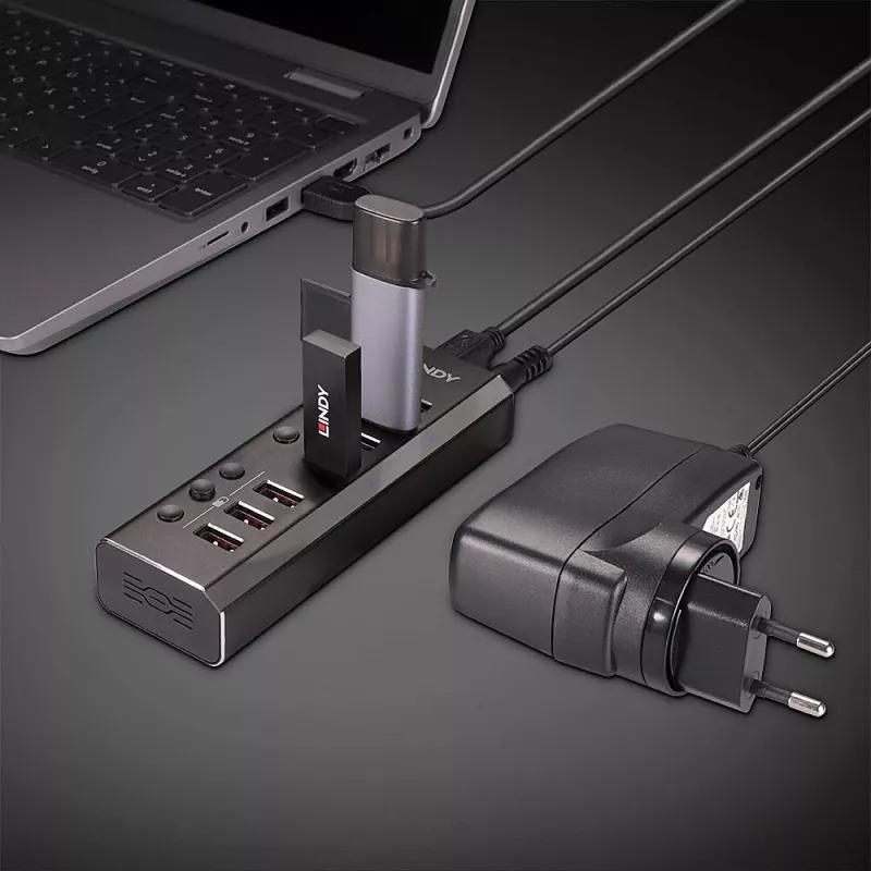Lindy 4 portin USB 3.0 -keskitin 3 Quick Charge 3.0 -liitännällä