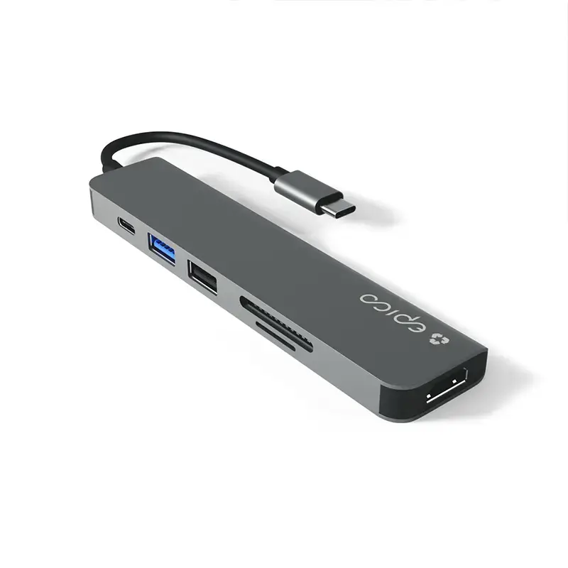 USB-keskitin Epico 9915112100080 — USB Type-C-isäntä, HDMI, USB 2.0, USB Type-C, MicroSD-/SD-kortinlukija, alumiini/TPU, harmaa