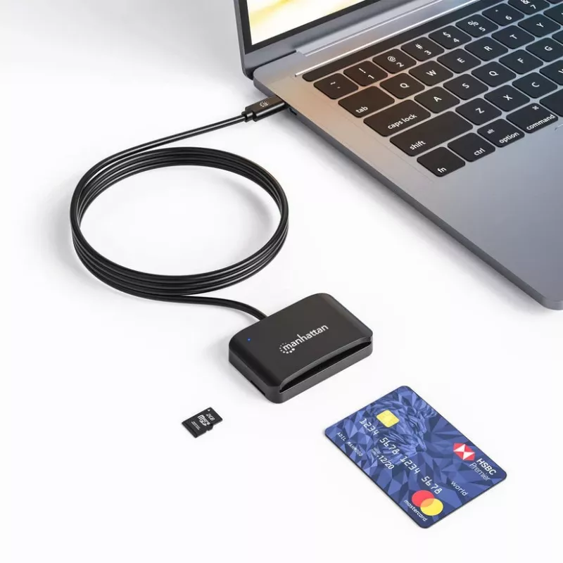 Manhattan USB-C kontaktisirukortinlukija MicroSD-paikalla, USB Type-C-pistoke kontaktilukijaliitäntään ja microSDXC, tukee Windowsia, macOS:ää ja Linuxia, lukee SIM-kortteja adapterilla, kaapeli 1 m, musta, kolmen vuoden takuu