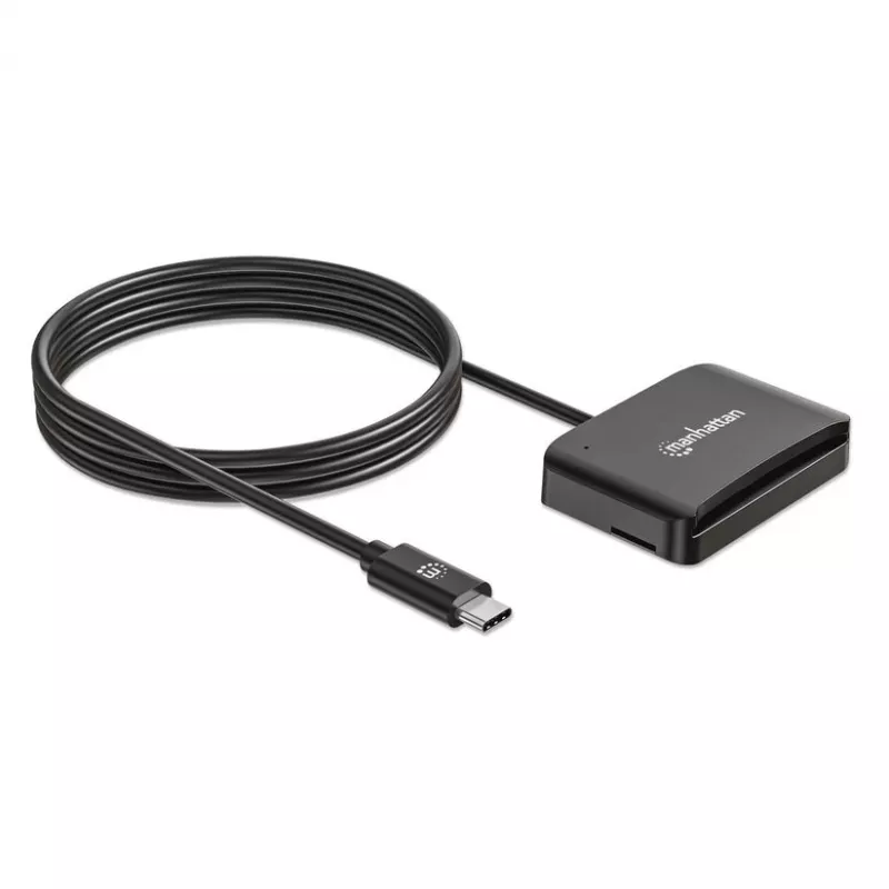 Manhattan USB-C kontaktisirukortinlukija MicroSD-paikalla, USB Type-C-pistoke kontaktilukijaliitäntään ja microSDXC, tukee Windowsia, macOS:ää ja Linuxia, lukee SIM-kortteja adapterilla, kaapeli 1 m, musta, kolmen vuoden takuu
