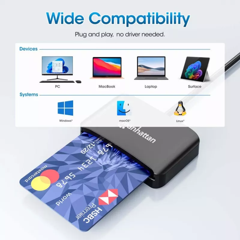Manhattan USB-C kontaktisirukortinlukija MicroSD-paikalla, USB Type-C-pistoke kontaktilukijaliitäntään ja microSDXC, tukee Windowsia, macOS:ää ja Linuxia, lukee SIM-kortteja adapterilla, kaapeli 1 m, musta, kolmen vuoden takuu