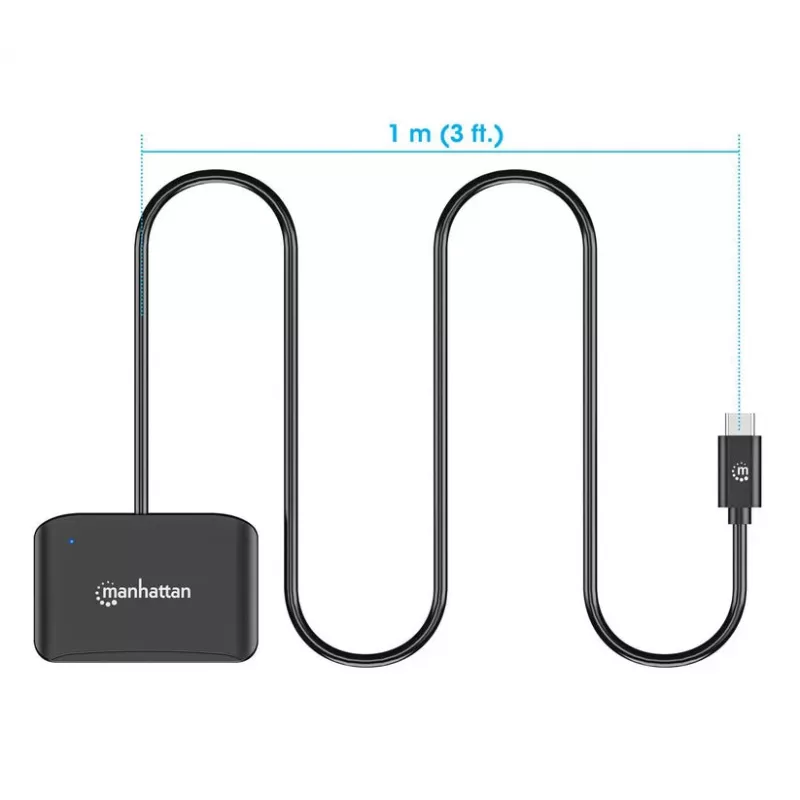 Manhattan USB-C kontaktisirukortinlukija MicroSD-paikalla, USB Type-C-pistoke kontaktilukijaliitäntään ja microSDXC, tukee Windowsia, macOS:ää ja Linuxia, lukee SIM-kortteja adapterilla, kaapeli 1 m, musta, kolmen vuoden takuu