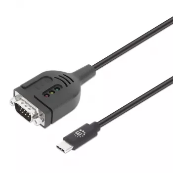 Manhattan USB-C–sarjaportti-muunninkaapeli, 1 m, pistoke pistokkeeseen, sarja/RS232/COM/DB9, Prolific PL2303GT-siru, musta kaapeli, kolmen vuoden takuu