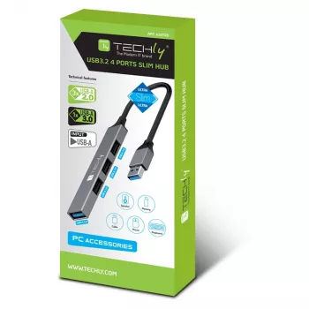 Techly IUSB32-HUB4A-3U2SLS kannettavan telakka/porttitoistin johdollinen USB 3.2 Gen 1 (3.1 Gen 1) tyyppi-A harmaa