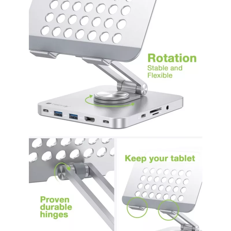 Techly 8-in-1 USB-C-keskitin telakointiasema tablettiteline