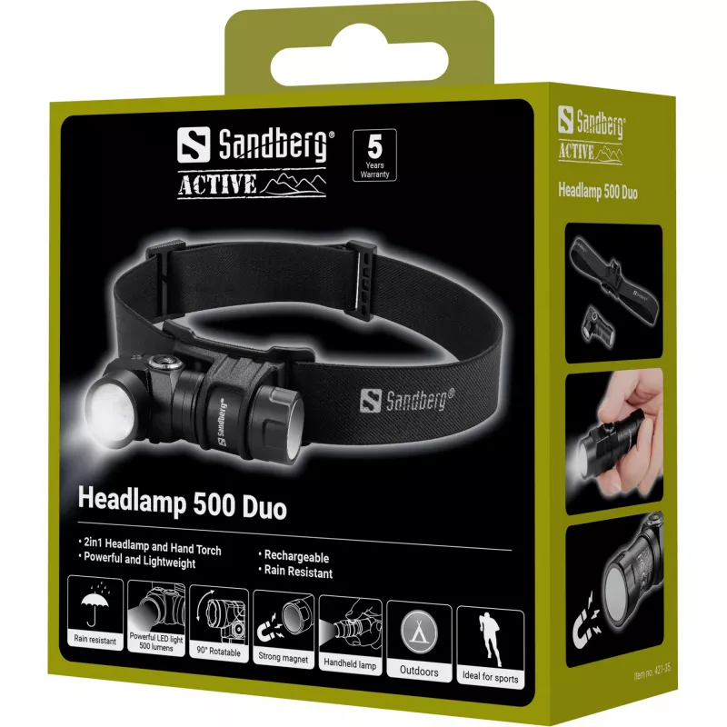 Sandberg Headlamp 500 Duo, otsalamppu, musta, alumiini, IP44, LED, 25 lm