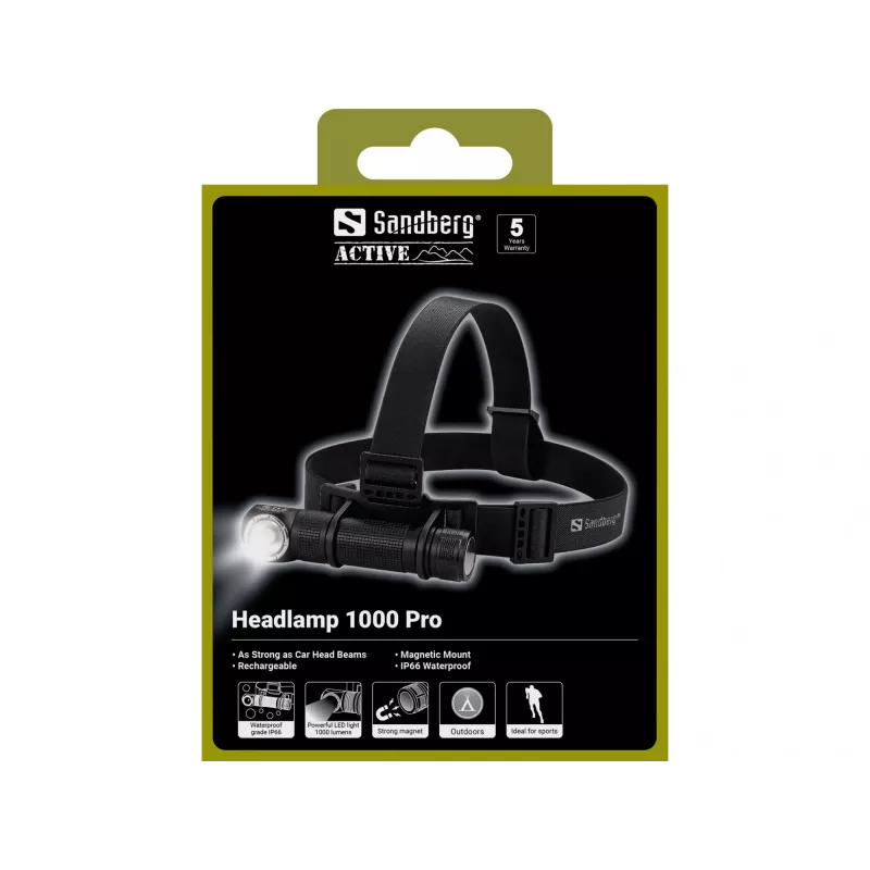 Sandberg Stirnlampe 1000 Pro -otsalamppu, musta, alumiini, IP66, LED, 25 lm