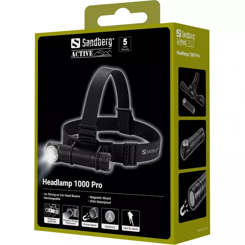 Sandberg Stirnlampe 1000 Pro -otsalamppu, musta, alumiini, IP66, LED, 25 lm