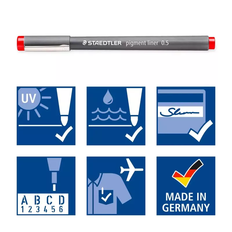 Staedtler Pigment Liner 308 kuitukärkikynä, 0,5 mm, 6 kynän kotelo