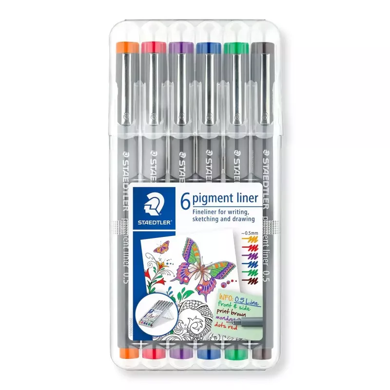 Staedtler Pigment Liner 308 kuitukärkikynä, 0,5 mm, 6 kynän kotelo
