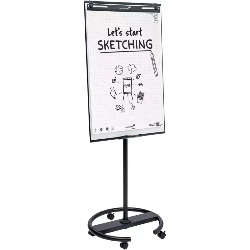 Siirrettävä fläppitaulu pyöreällä jalalla Legamaster SKETCH EASY – teräs, 5 pyörää, 720×600 mm