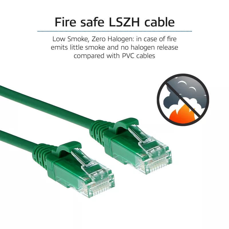 ACT vihreä 0.5 metrin LSZH U/UTP CAT6 Slimline verkkokaapeli, ilman lukituskieltä, RJ45-liitin