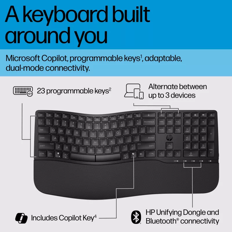 HP 680 Comfort Dual-Mode -näppäimistö, täysikokoinen (100 %), langaton, RF Wireless + Bluetooth, QWERTY, musta