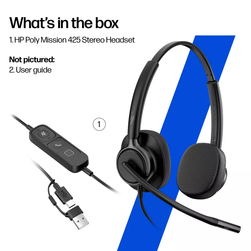 Johdollinen stereo-headset HP Poly Mission 425 USB — Bulk, paino 132 g