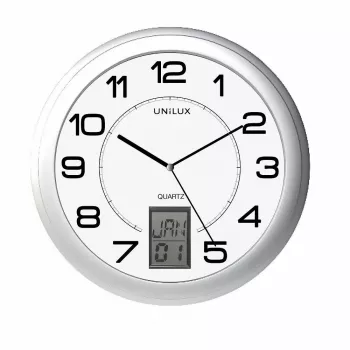 Unilux 100340853 seinä-/pöytäkello — kvartsi, pyöreä metallinen hopea, Ø 31 cm, paristo AA/AAA