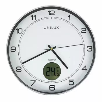 Seinä-/pöytäkello Unilux 400094592 — kvartsi, pyöreä metallinhohtoinen hopea, Ø 30 cm, paristo AA/AAA
