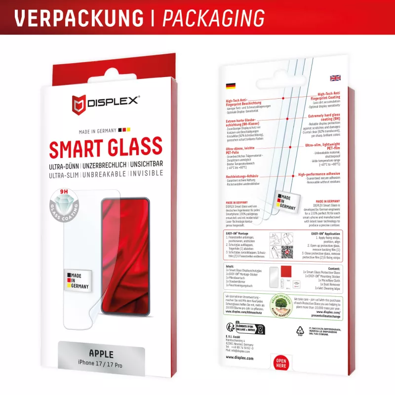 DISPLEX Smart Glass (9H) Apple iPhone 17/17 Pro, asennustarra, särkymätön