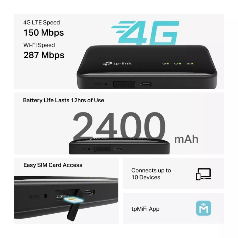 4G-reititin TP-Link M7005, yksitaajuus 2,4 GHz, NanoSIM, Wi-Fi 6, musta