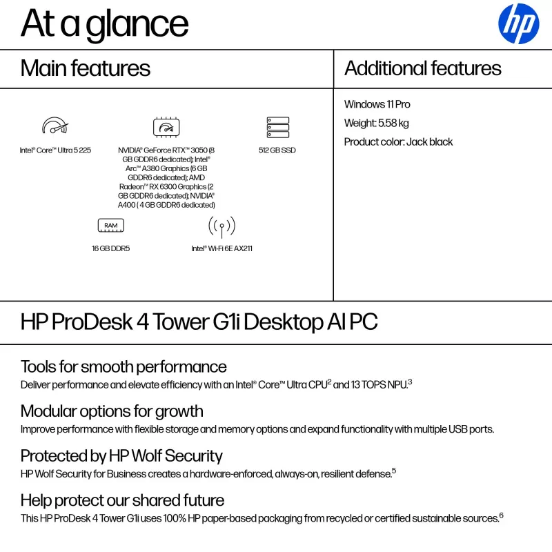 HP ProDesk 4 Tower G1i -pöytätietokone AI PC Intel Core Ultra 5 225 16 GB DDR5-SDRAM Windows 11 Pro