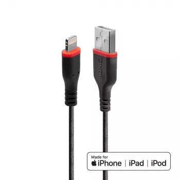 Lindy 1 m vahvistettu USB Type-A - Lightning -kaapeli, 1 m, Lightning, USB A, uros, uros, musta