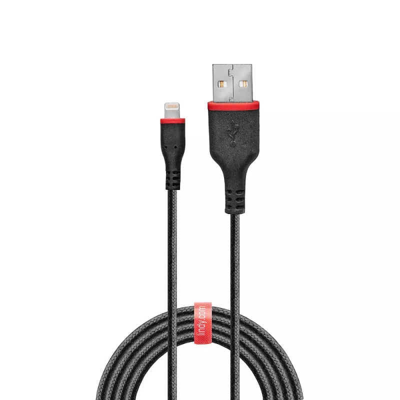 Lindy 1 m vahvistettu USB Type-A - Lightning -kaapeli, 1 m, Lightning, USB A, uros, uros, musta