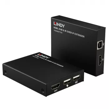 Lindy HDMI, KVM ja IR over IP -jatko, lähetin ja vastaanotin, langallinen, 150 m, Cat5e, Cat6, musta, metalli
