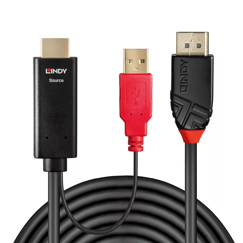 Lindy 0,5 m HDMI - DisplayPort -kaapeli, 0,5 m, DisplayPort, HDMI + USB, uros, naaras, kulta