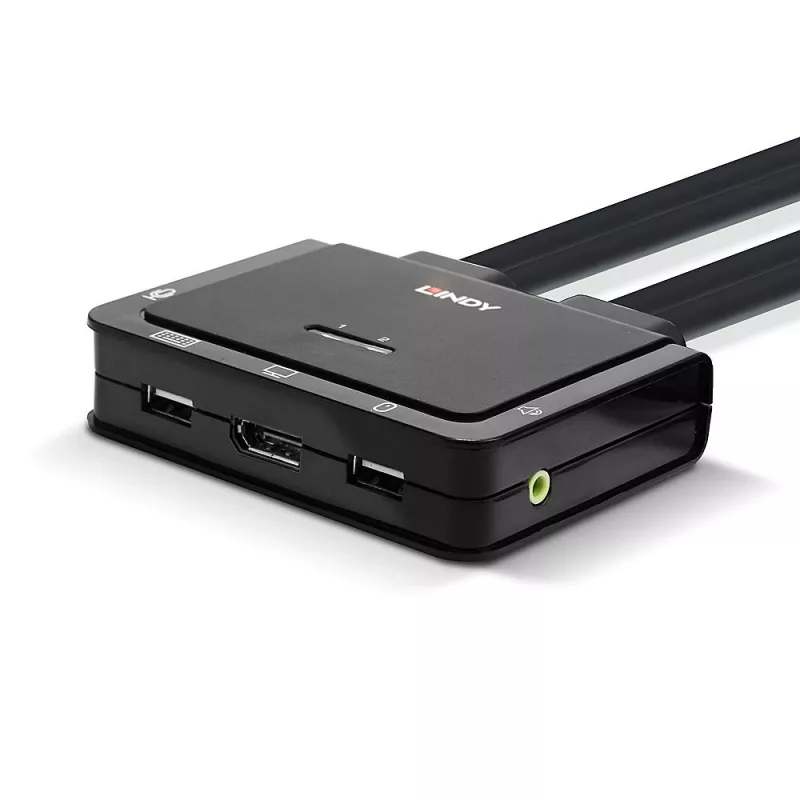 Lindy 2-porttinen DisplayPort 1.2, USB 2.0 ja audio -kaapeli-KVM-kytkin