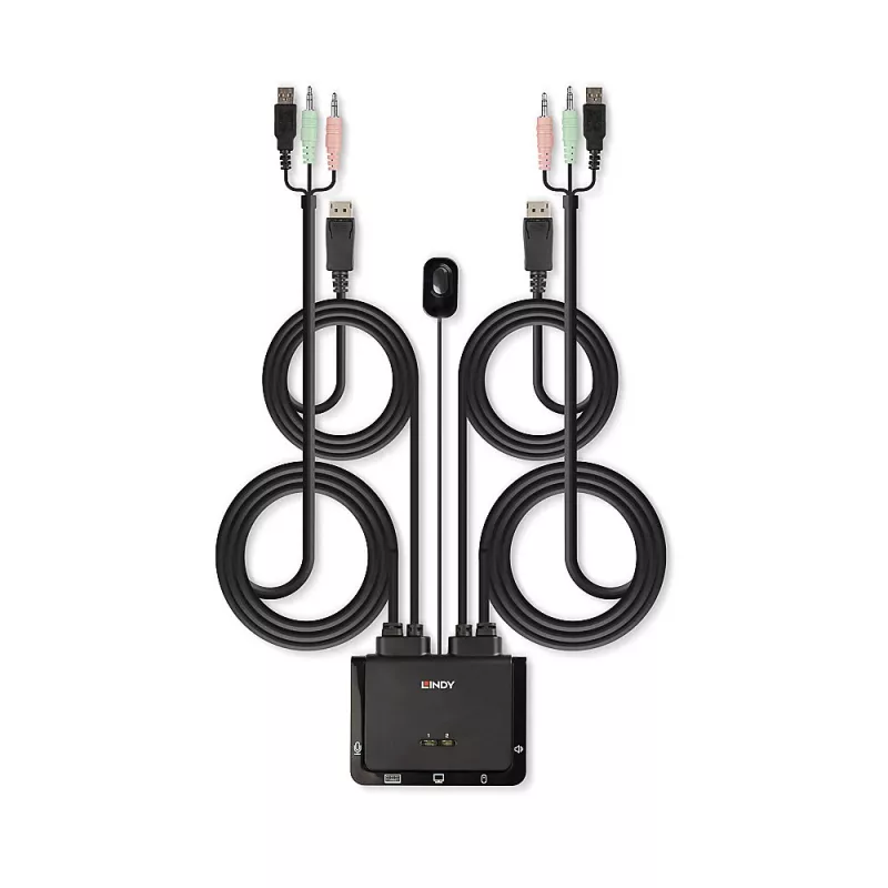 Lindy 2-porttinen DisplayPort 1.2, USB 2.0 ja audio -kaapeli-KVM-kytkin