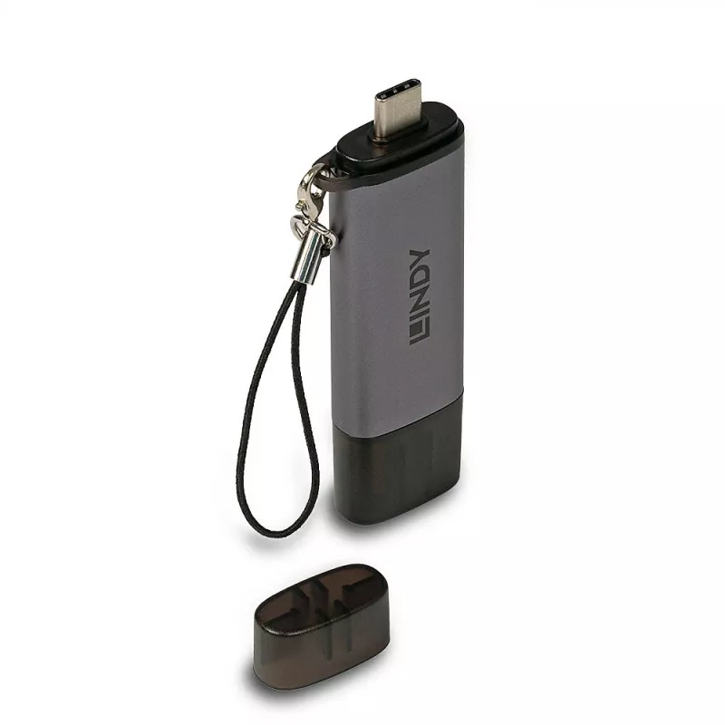 Lindy USB 3.2 Type-C ja A SD-/microSD-kortinlukija, MiniSD, SD, musta, harmaa, 5000 Mbit/s, USB 3.2 Gen 1 (3.1 Gen 1) Type-A/Type-C, 78,5 mm, 22,5 mm