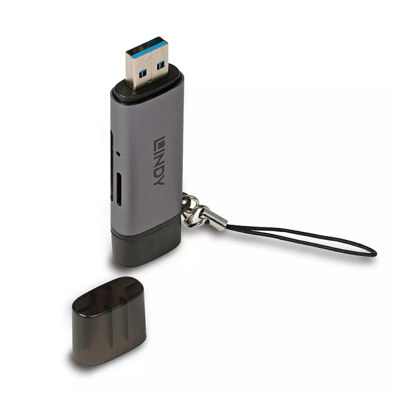 Lindy USB 3.2 Type-C ja A SD-/microSD-kortinlukija, MiniSD, SD, musta, harmaa, 5000 Mbit/s, USB 3.2 Gen 1 (3.1 Gen 1) Type-A/Type-C, 78,5 mm, 22,5 mm