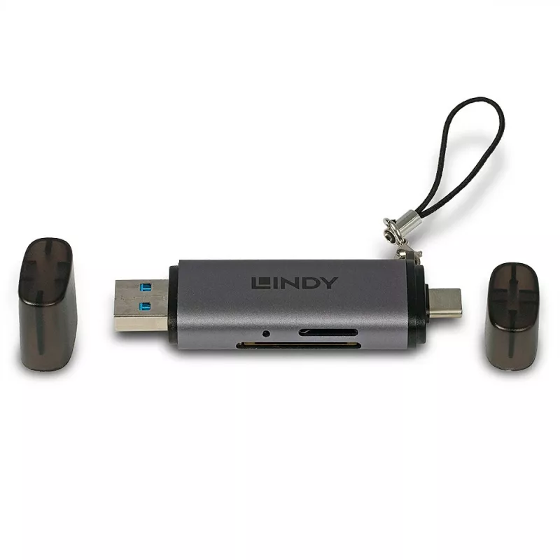 Lindy USB 3.2 Type-C ja A SD-/microSD-kortinlukija, MiniSD, SD, musta, harmaa, 5000 Mbit/s, USB 3.2 Gen 1 (3.1 Gen 1) Type-A/Type-C, 78,5 mm, 22,5 mm