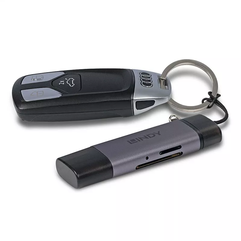 Lindy USB 3.2 Type-C ja A SD-/microSD-kortinlukija, MiniSD, SD, musta, harmaa, 5000 Mbit/s, USB 3.2 Gen 1 (3.1 Gen 1) Type-A/Type-C, 78,5 mm, 22,5 mm