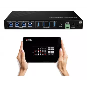 Lindy 4x4 USB 3.2 Gen 1 -matriisikytkin, 5 Gbit/s, musta, metalli, kiertosäädin, CE, FCC, RoHS & REACH, USB Type-A, USB Type-B