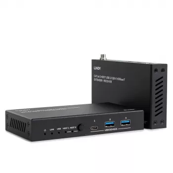 Lindy 100 m Cat.6A 2 isäntä USB 3.2 Gen 1 HDBaseT -jatko, verkkolähetin ja -vastaanotin, 100 m, 480 Mbit/s, Cat6a, VS6320, fosforipronssi