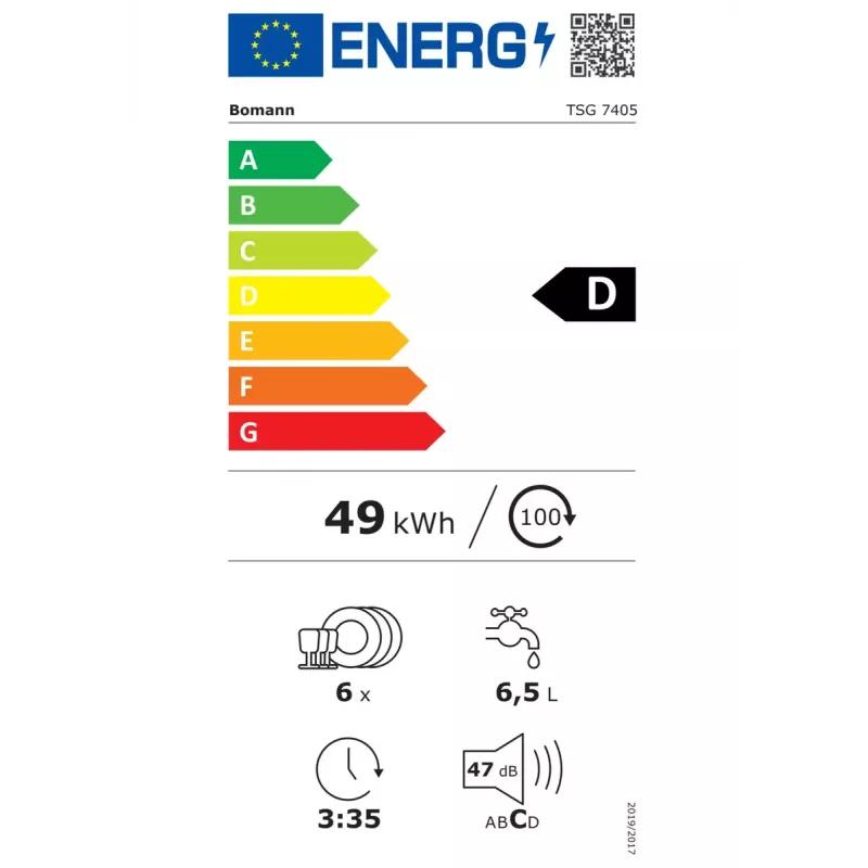 Pöytäastianpesukone BOMANN TSG 7405, 6 astiastoa, 47 dB, 5 ohjelmaa, Full size