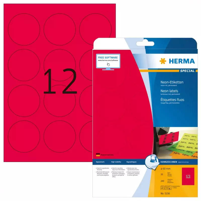HERMA Neon A4 Ø 60 mm -itseliimautuvat tulostintarrat pyöreä kirkkaan punainen