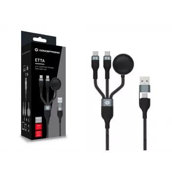 USB A - 2× USB-C 3-in-1 pikalataus- ja datakaapeli Conceptronic ETTA08B15 — 1,5 m, USB 2.0, 5 A, Apple Watch -laturi, 100 W E‑Mark