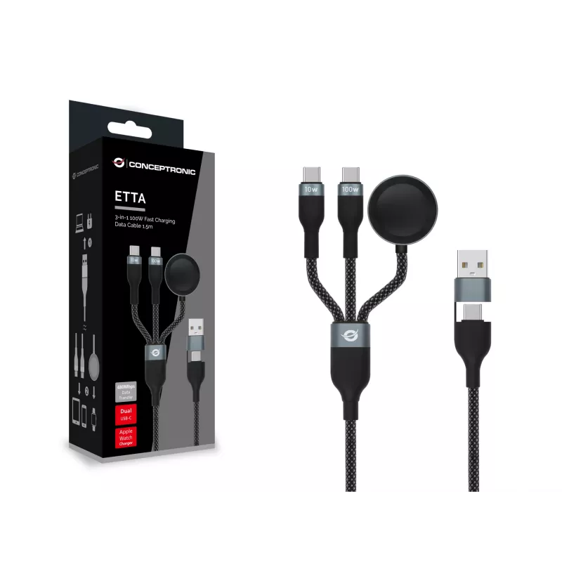 USB A - 2× USB-C 3-in-1 pikalataus- ja datakaapeli Conceptronic ETTA08B15 — 1,5 m, USB 2.0, 5 A, Apple Watch -laturi, 100 W E‑Mark