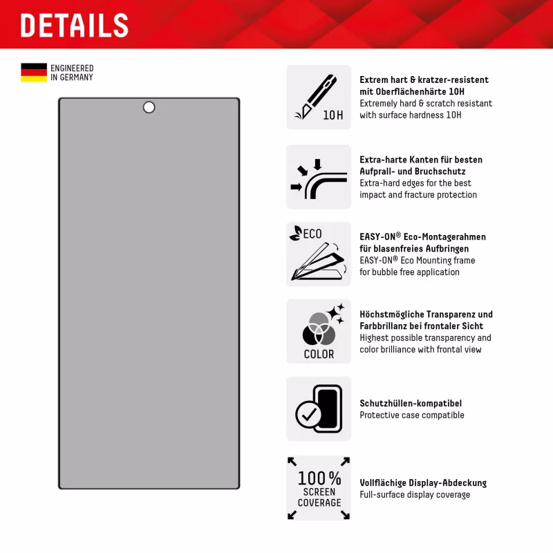 Displex Privacy Screen Protector (10H) Samsung Galaxy S24 Ultra, Eco Mounting Frame, katseenestosuodatin