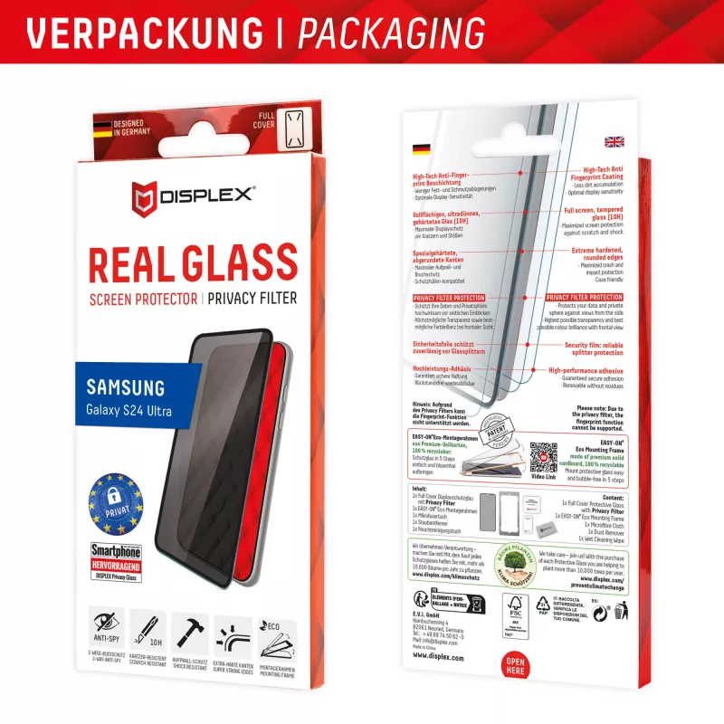 Displex Privacy Screen Protector (10H) Samsung Galaxy S24 Ultra, Eco Mounting Frame, katseenestosuodatin