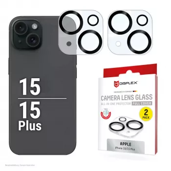 Displex Full Cover kameralinssilasi iPhone 15/15 Plus, 10H, täysi kameransuojaus, Quick Mount, 2 kpl