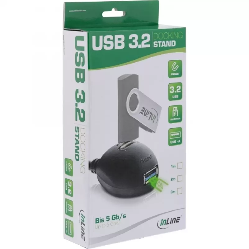 InLine USB 3.2 Gen.1 -kaapeli USB Type-A M / A F + virta, telineellä, musta, 2 m
