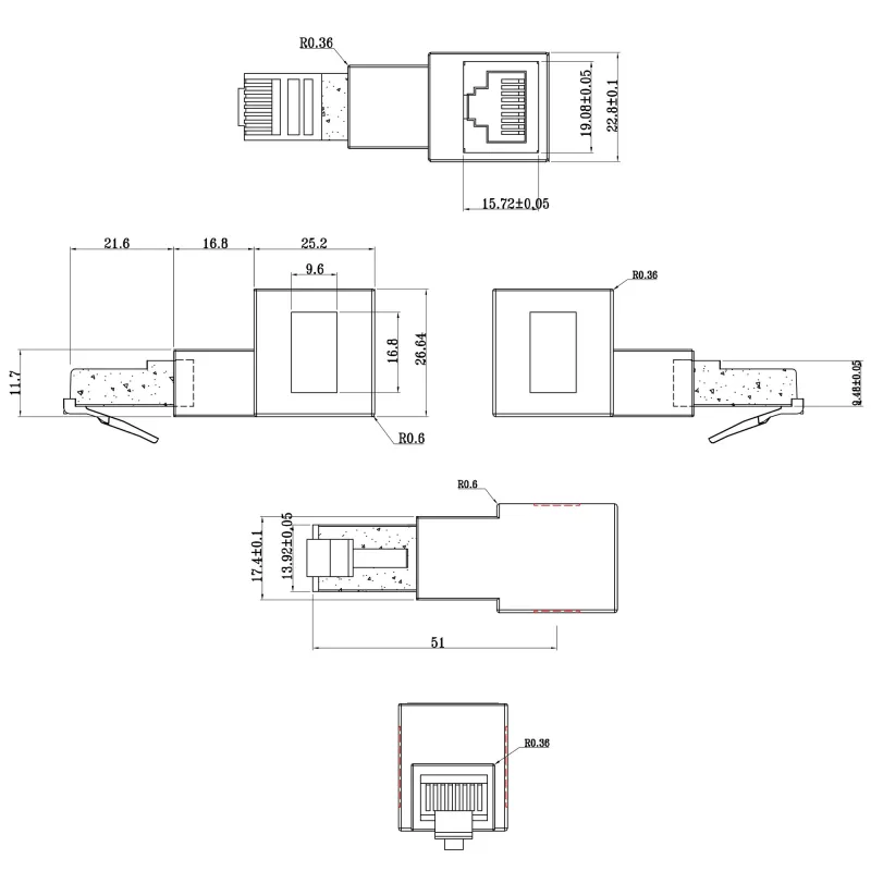 InLine verkkokaapeliadapteri Cat.6A, RJ45 uros / naaras, 90° alaspäin taivutettu