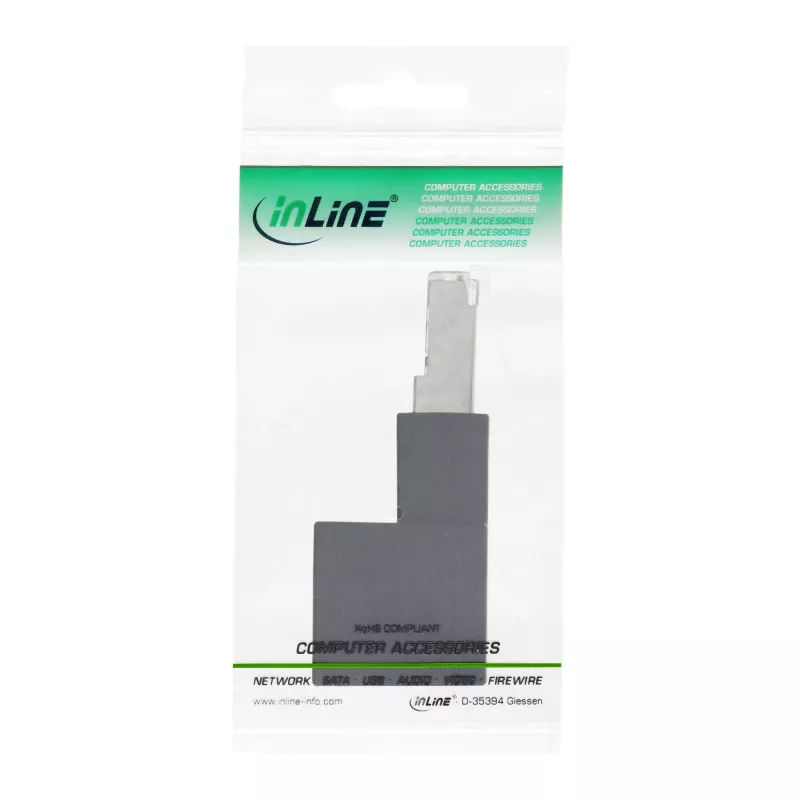 InLine verkkokaapeliadapteri Cat.6A, RJ45 uros / naaras, 90° alaspäin taivutettu