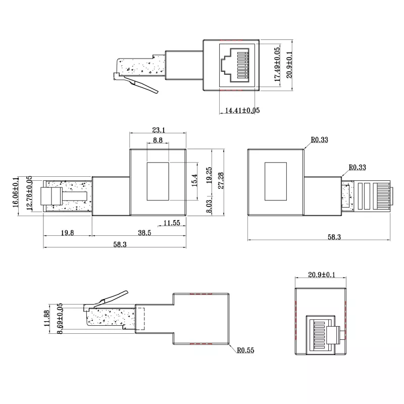 InLine verkkokaapeliadapteri Cat.6A, RJ45 uros/naaras, 90° vasemmalle taivutettu