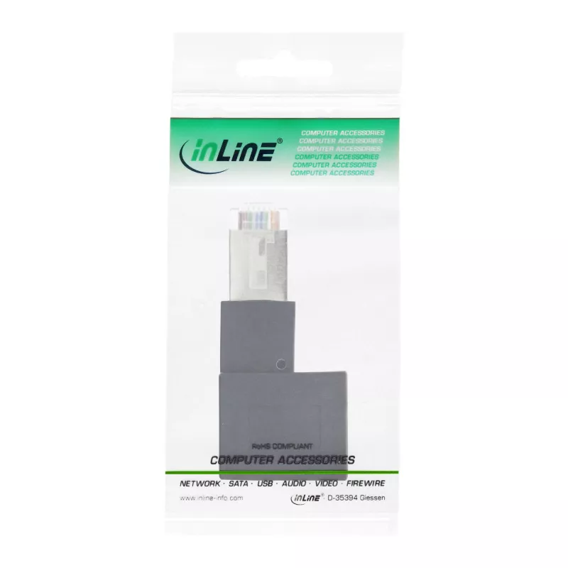 InLine verkkokaapeliadapteri Cat.6A, RJ45 uros/naaras, 90° vasemmalle taivutettu