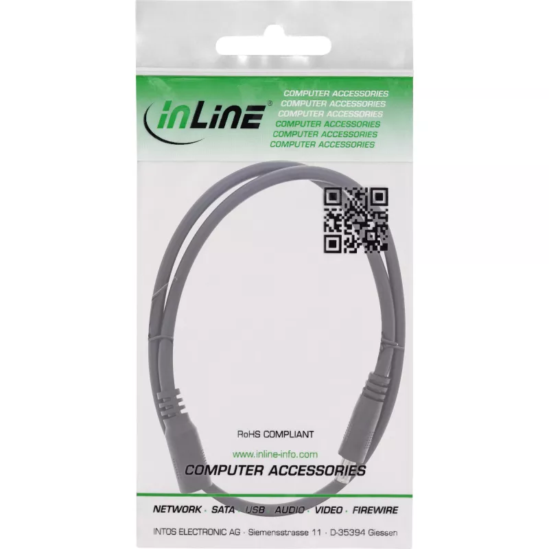 InLine DC-jatkokaapeli, DC-liitin/naaras 5,5x2,5 mm, AWG 18, musta, 0,5 m
