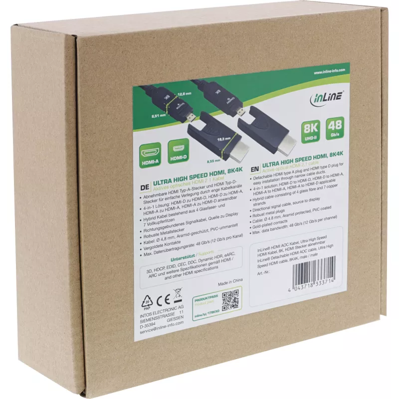 InLine HDMI AOC -kaapeli, Ultra High Speed HDMI, 8K4K, irrotettava liitin, 20 m