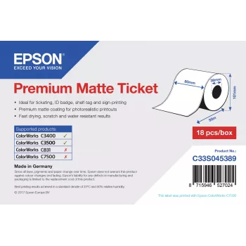 Epson Premium Matt Ticket - rulla: 80 mm x 50 m, matta, 107 g/m², 1 kpl, 107 mm, 108 mm, 89 mm